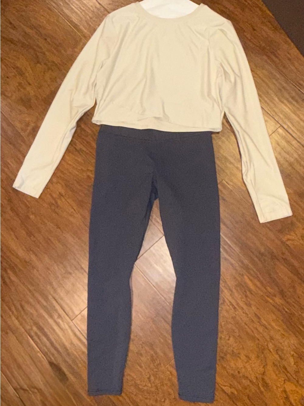 White Cloud+ Workout Top (L) and Fabletics Dark Blue High-Waist Leggings (M)